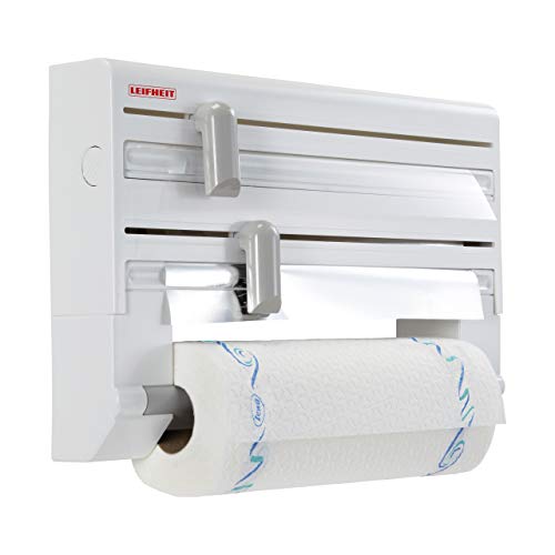 Leifheit Portarrollos de pared Parat ComfortLine para 3 rollos, porta rollos con cuchillas para un corte limpio, portarrollos de cocina de plástico, Color Blanco
