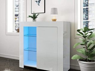 LEMROE Aparador con Luces LED, Muebles de Buffet, Muebles de Pasillo, una Puerta de Alto Brillo, luz RGB de 12 Colores, Cable de Interfaz USB, Mueble para Sala de Estar, Blanco