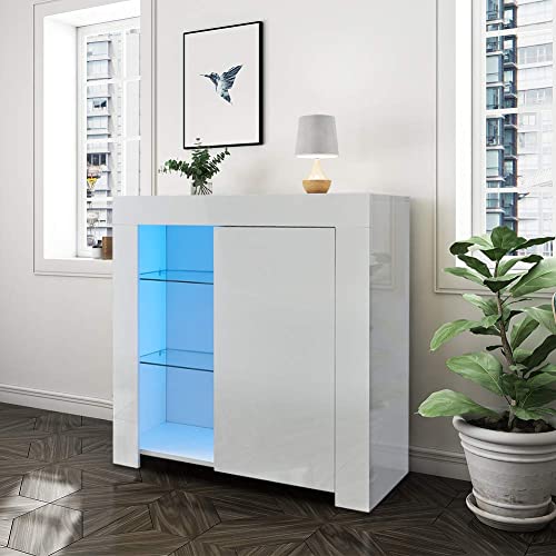 LEMROE Aparador con Luces LED, Muebles de Buffet, Muebles de Pasillo, una Puerta de Alto Brillo, luz RGB de 12 Colores, Cable de Interfaz USB, Mueble para Sala de Estar, Blanco
