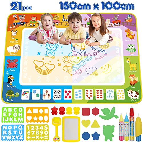 lenbest Agua Dibujo Pintura, 150x100 cm Alfombrilla de Dibujo de Agua Dibujo de Doodle para Niños con 4 Colores y Figuras de Animales, Almohadilla Mágica Graffiti de Agua Impermeable