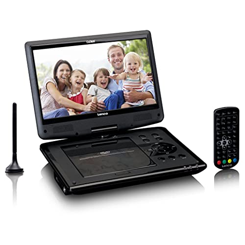 Lenco Reproductor de DVD portátil DVP-1064 con receptor HD DVB-T2, pantalla de 10 pulgadas, se puede girar e inclinar, batería integrada, adaptador de 12 V para coche, mando a distancia, color negro
