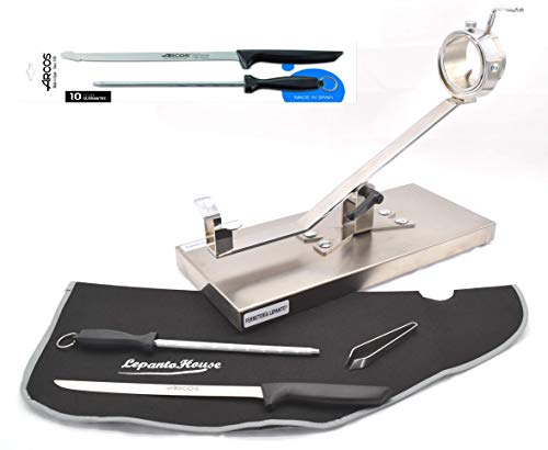 LEPANTO LepantoHouse Soporte Jamonero Future Basculante Giratorio Base Inoxidable para Jamones y Paletillas + Cuchillo Arcos Niza + CHAIRA + Cubre Jamon + Pinza (Inoxidable)