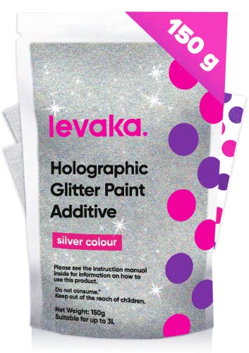 Levaka Aditivo de Pintura de Purpurina Plateada Holográfica 150 gramos - 2x Almohadillas de pulido - Mezclar con Pintura de Emulsión para Acabado Luminoso - Pintura Paredes Interior Exterior