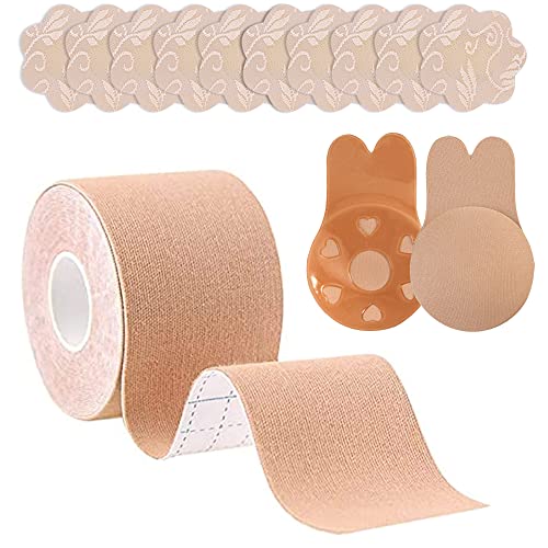 LGZIN Cinta De Pecho, Sujetador Invisible, Sujetador Adhesivo, Invisible Sujetador Push Up, Pezoneras Adhesivas, con 5 Pares Pétalos de Pezón Cubierta, 1 Rollo Cinta Sujetador Tape