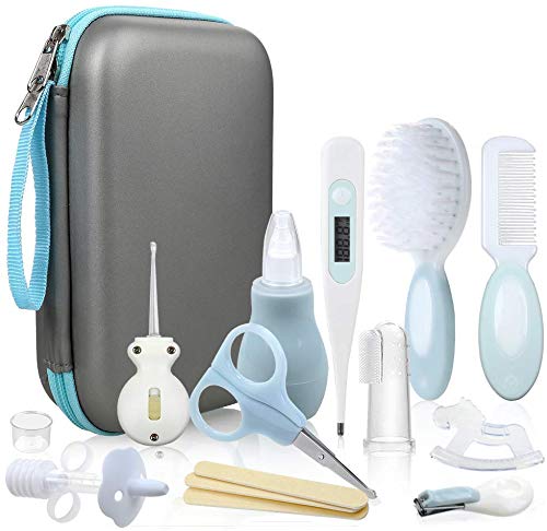 Lictin Set para Cuidado del Bebé - 15 Piezas Kit de Aseo para Bebés con Cuchara de Oreja con LED Cepillo de Pelo y Peine,Cortador de Uñas Cepillo de Dientes de Dedo para Viaje y el Uso Diario (Azul)