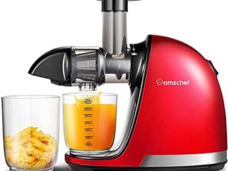 Licuadora Prensado en Frio, AMZCHEF Licuadora Frutas Verduras，Extractor de zumos con Función inversa,Motor Silencioso,fácil de limpiar con un cepillo extra (Rojo)