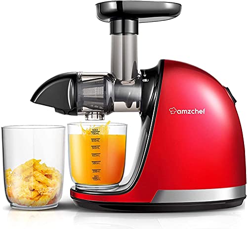 Licuadora Prensado en Frio, AMZCHEF Licuadora Frutas Verduras，Extractor de zumos con Función inversa,Motor Silencioso,fácil de limpiar con un cepillo extra (Rojo)