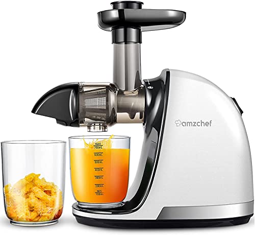 Licuadora Prensado en Frio, AMZCHEF Licuadora Frutas Verduras，Extractor de zumos con Función inversa,Motor Silencioso,fácil de limpiar con un cepillo extra (Perla Blanca)