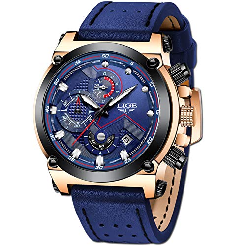 LIGE Hombre Relojes Lujo Moda Impermeable Relojes Clásico Negocios Analogicos Cuarzo Relojes con Ocio Azul Correa de Cuero Relojes