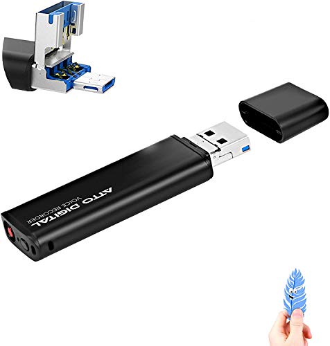 LightREC - Mini grabadora activada por voz - Unidad flash USB delgada | 26 horas de batería | 8GB - 94 horas de capacidad | Grabador de sonido USB Memory Stick fácil de usar | por aTTo Digital