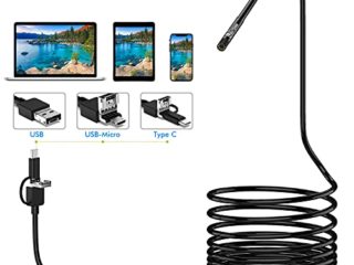 Lightswim Endoscope 3 en 1 USB/Micro USB/Type-C 1200P Cámara de inspección 2.0 megapíxeles HD Boroscopio Impermeable Cable semirrígido Snake Camera para Android/Windows/Macbook OS Computadora (5M)