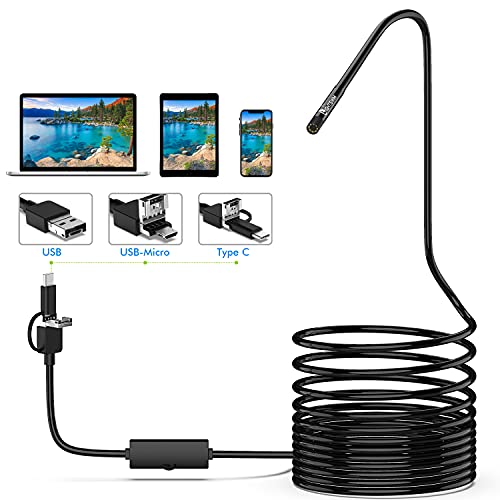 Lightswim Endoscope 3 en 1 USB/Micro USB/Type-C 1200P Cámara de inspección 2.0 megapíxeles HD Boroscopio Impermeable Cable semirrígido Snake Camera para Android/Windows/Macbook OS Computadora (5M)
