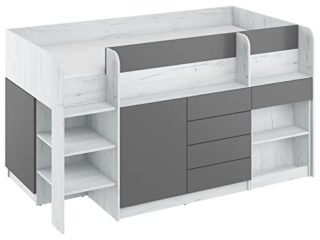 Litera Smile L, mueble para niños, juego de muebles para una habitación infantil, una cama con escritorio, estanterías, cajones: lado izquierdo (Craft blanco/grafito)