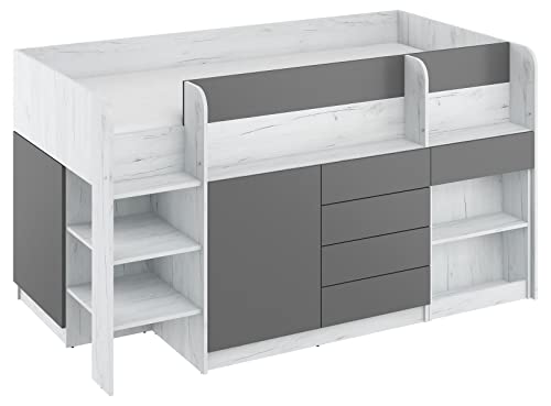 Litera Smile L, mueble para niños, juego de muebles para una habitación infantil, una cama con escritorio, estanterías, cajones: lado izquierdo (Craft blanco/grafito)