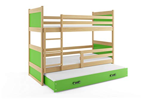 Litera triple (para 3) infantil RICO, 200x90, PINO - VERDE , con colchones de espuma de 7 cm (2x 200x90 y del cajón 190x80)de regalo!!