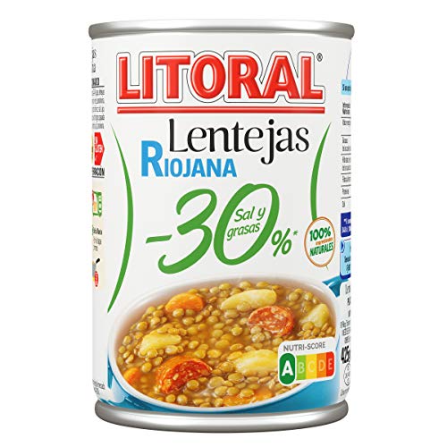 LITORAL Lentejas Riojana -30% Sal y Grasa - Plato Preparado Sin Gluten - 425g