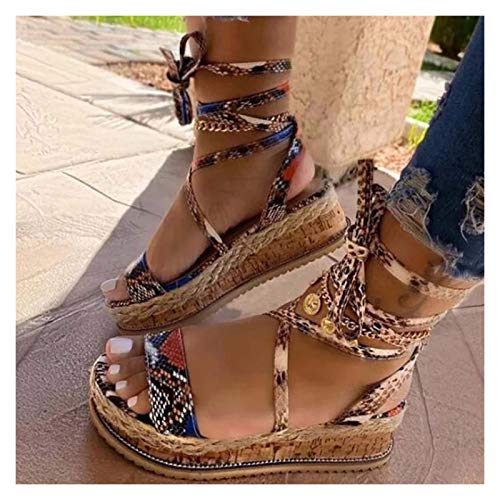 LLGHT Sandalias Romanas con Cordones, Sandalias De Verano para Mujer, Sandalias De Serpiente, Tacones De Plataforma, Correa Cruzada, Tobillo, Encaje, Punta Abierta (Color : Brown, Size : EU:37)