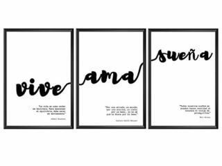 Láminas Decorativas para Enmarcar. Set de 3 Láminas Modernas Estilo Nórdico de Frases Motivadoras en Blanco y Negro [Vive, AMA, SUEÑA]. Láminas Decorativas para Salón | A4 21 x 30 cm.