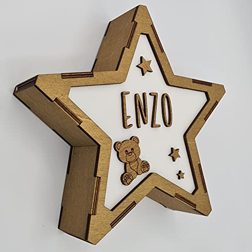LÁMPARA DE MESA. ESTRELLA DE MADERA LUMINOSA. LÁMPARA PERSONALIZADA CON NOMBRE PERSONALIZADO VARIOS DISEÑOS (Osito)