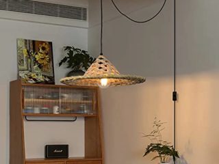 Lámpara de Techo Colgante Bambú Modernas para Isla Cocina, Tejida a Mano Plafon de Mimbre Industriel con Cable Interruptor, Lámpara Ratan Candelabro para Salon Comedor, Restaurante(Forma de sombrero)