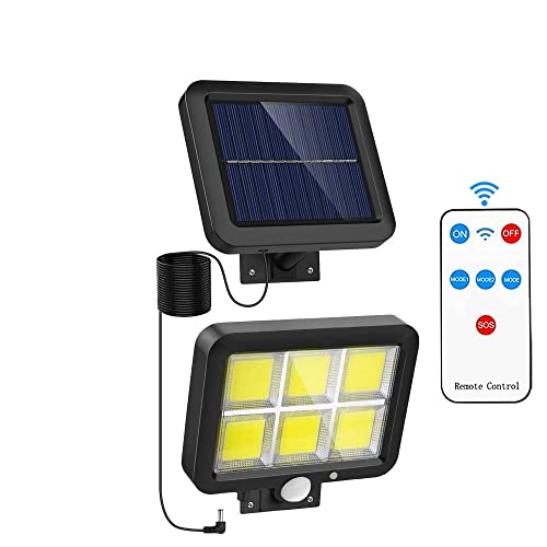 Lámpara Solar Para Exterior De Leds,3 Modos de Luz, Con Detector De Movimiento y Mando a Distancia, Gran Ángulo de Luz, Foco Solar De Pared Con Cable De 5 Metros y Batería Recargable 18650,Ip65