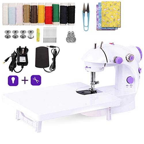 LMYJ Mini máquina de coser con mesa extensible y accesorios para máquina de coser Tela de algodón Dos hilos Doble velocidad Interruptores dobles Hogar Niños Principiantes Máquina de coser de viaje