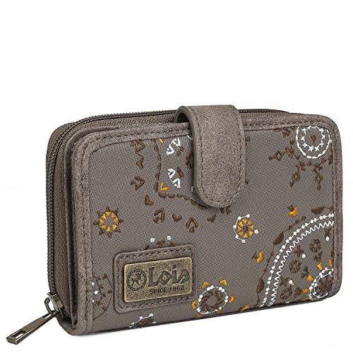 Lois - Cartera de Mujer Pequeña con Bordados y Motivos Mandala de Marca LOIS. Nylon y Cuero Vegano PU con Cierre Cremallera y Botón. Protección Antiescaneo RFID 304414, Color Marron