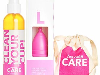 Loovara Set de Copa Menstrual, Detergente Esterilizador, Bolsa | 100% Natural y Vegano | Taza de Goma de Comercio Justo, Sin Silicona, Reutilizable, Suave | 150ml Spray Bio Sanitizante | Talla L