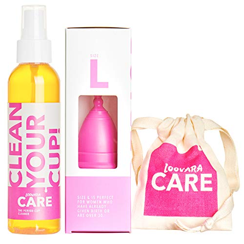 Loovara Set de Copa Menstrual, Detergente Esterilizador, Bolsa | 100% Natural y Vegano | Taza de Goma de Comercio Justo, Sin Silicona, Reutilizable, Suave | 150ml Spray Bio Sanitizante | Talla L