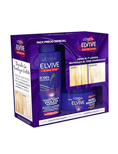 L'Oreal Paris Elvive Color Vive Pack Violeta, Champú Matizador y Mascarilla Intensiva, Suaviza y Nutre, Neutraliza Tonos Anaranjados, Para Pelo Teñido, Rubio, Decolorado o Gris, 200 ml y 250 ml