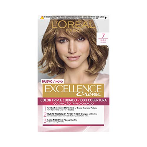 L'Oreal Paris Tinte Permanente 100% Cobertura de Canas, Triple Cuidado Avanzado, Excellence Creme, Tono 7 Rubio, 50 ml