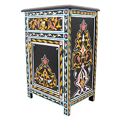 L'Orient Menara Cómoda marroquí de madera maciza negra pintada a mano H 68 cm 1 cajón 1 puerta | Aparador antiguo vintage oriental | Artesanía auténtica de Marrakech