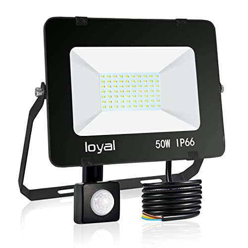 loyal 50W 5000LM Foco LED Exterior con Sensor de Movimiento PIR, Impermeable IP66 Proyector Foco Iluminación, 6000K Blanco Frío LED de Seguridad Luz con Detector para Jardín Garaje Patio Terraza
