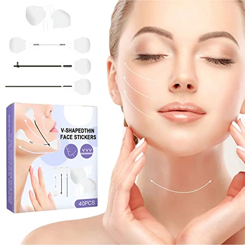 LPSHGK Cinta Facial para Levantar Mentón Doble Invisible, Pegatinas De Estiramiento Facial En Forma De V con Cuerda, Cinta De Estiramiento Facial Invisible para Rostro Instantáneo (40 Piezas)