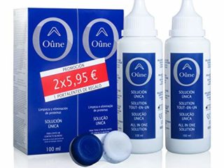 Líquido de lentillas Oûne 2 x 100 ml más portalentes. Solución para limpieza y desinfección de todo tipo de lentes de contacto blandas. Formato viaje.