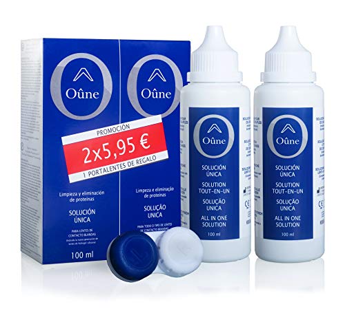 Líquido de lentillas Oûne 2 x 100 ml más portalentes. Solución para limpieza y desinfección de todo tipo de lentes de contacto blandas. Formato viaje.
