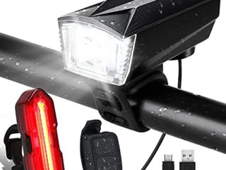 Luces Bicicleta Delantera y Trasera Linterna Bicicleta Recargable USB, 5+6 Modes con IP65 Resistente, Giratoria 360 ° Bocina y Luz para Carretera y Montaña, Control Remoto