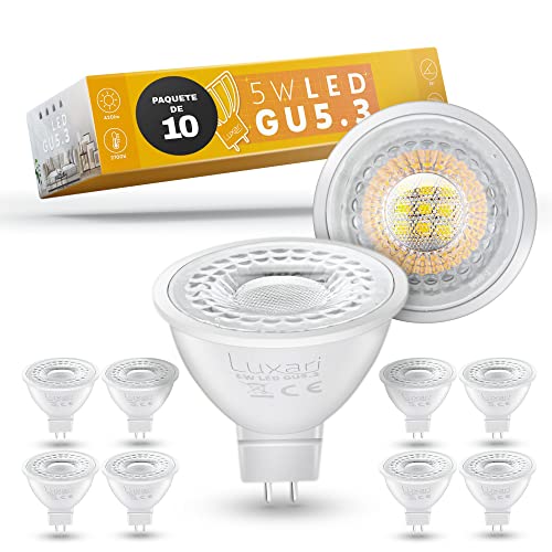 Luxari GU5.3 Lámpara LED [10x] - LED MR16 - Equivalente a una lámpara halógena de 50W - Bombilla LED 5W 420lm - GU 5.3 LED Spot con 2700K blanco cálido [Clase de eficiencia energética A+]