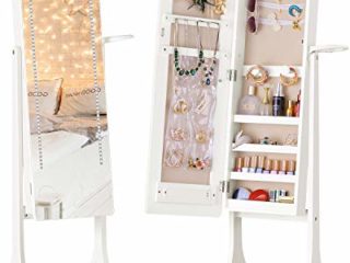 LUXFURNI - Armario con luz led para joyas, espejo de pie de cuerpo entero para maquillaje, con cerradura, organizador grande para almacenamiento de maquillaje, con cajón, color blanco