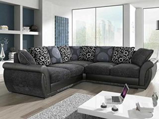 Luxury Sofas & Couches | Sofá esquinero grande | piel sintética y tela de chenilla | cómodos asientos rellenos de espuma | gris y negro | resistente al fuego según las normas británicas