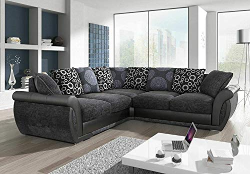 Luxury Sofas & Couches | Sofá esquinero grande | piel sintética y tela de chenilla | cómodos asientos rellenos de espuma | gris y negro | resistente al fuego según las normas británicas