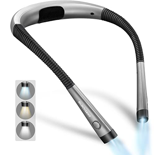 Luz de Lectura Glocusent, Lampara Libro de Lectura Recargable, 3 Colores, 6 Niveles de Iluminación, Brazos Flexibles, Larga Duración, Perfecto para Leer, Tejer, Acampar, Reparar