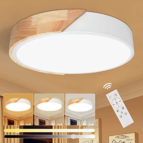 Luz de Techo Regulable con Mando a Distancia, 24W Plafones de Techo Madera Redondo, Lampara de Techo LED Moderna, Plafon LED Techo por Cocina Dormitorio Salón Corredor Oficina, Ø30 * 5cm