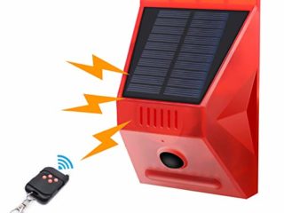 Luz estroboscópica solar con detector de movimiento, Achort luz de alarma solar con mando a distancia, 129 db de sonido, sirena de seguridad, IP65 impermeable, para casa, granja, granero, villa