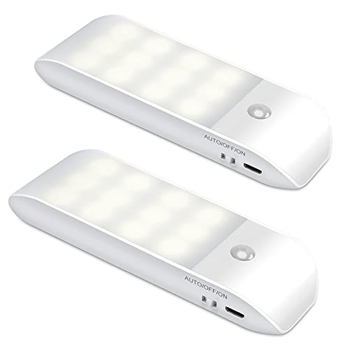 Luz Nocturna, Luces LED Armario con Sensor Movimiento (2 PCs con 24 LED), Lámpara Nocturna Recargable con 3 Modos, Luz Cálida para Armario, Pasillo, Escalera, Sótano, Cocina, Garaje, Gabinete