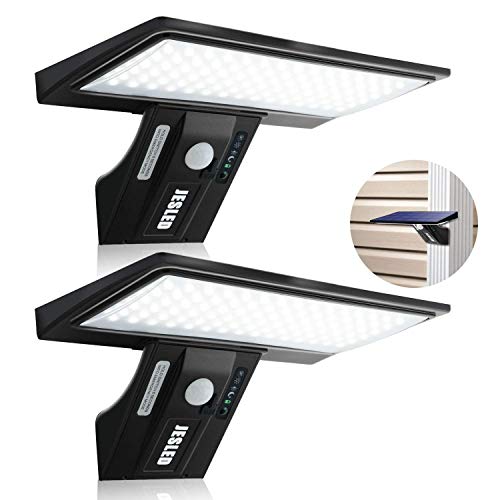 Luz Solar Exterior, 2-Paquete JESLED 90 LED Carga solar y USB, Foco Solar Potente con Sensor de Movimiento,Impermeable con 4 Modos Inteligentes para Jardín, Patio, Camino, Escalera