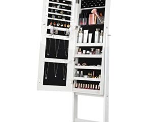 Lvifur Joyero de Pie con Espejo, 3 ángulos Ajustables, Espejo de pie con Armario, Armario para joyas, Espejo de longitud completa, Idea para regalo, Montaje sencillo (Blanco)