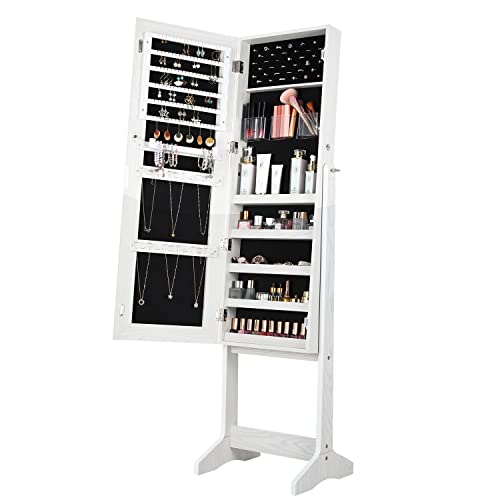 Lvifur Joyero de Pie con Espejo, 3 ángulos Ajustables, Espejo de pie con Armario, Armario para joyas, Espejo de longitud completa, Idea para regalo, Montaje sencillo (Blanco)
