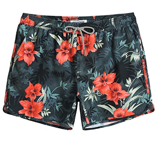 MaaMgic Bañador Hombre de Natación Secado Rápido Interior de Malla 4-Way Stretch Vintage 80s 90s,Flores Rojas Verdes,XXL