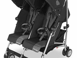 Maclaren Twin Triumph silla de paseo ligera y comapcta para niños a partir de 6 meses hasta 15 kg en cada asiento, Capota individual extensible, Incluye protector para la lluvia, Negro/gris oscuro